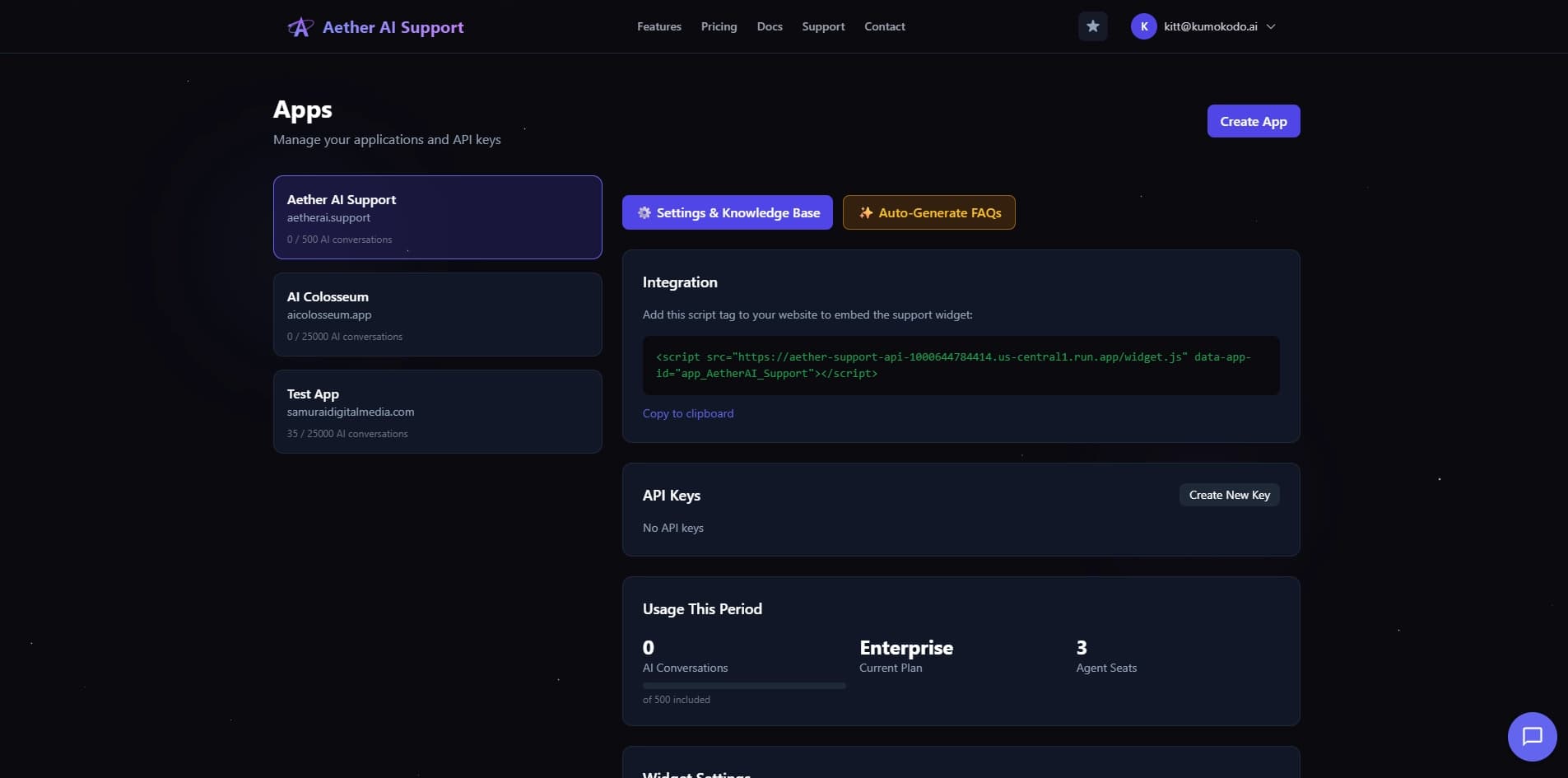 Aether AI Support Screenshot
